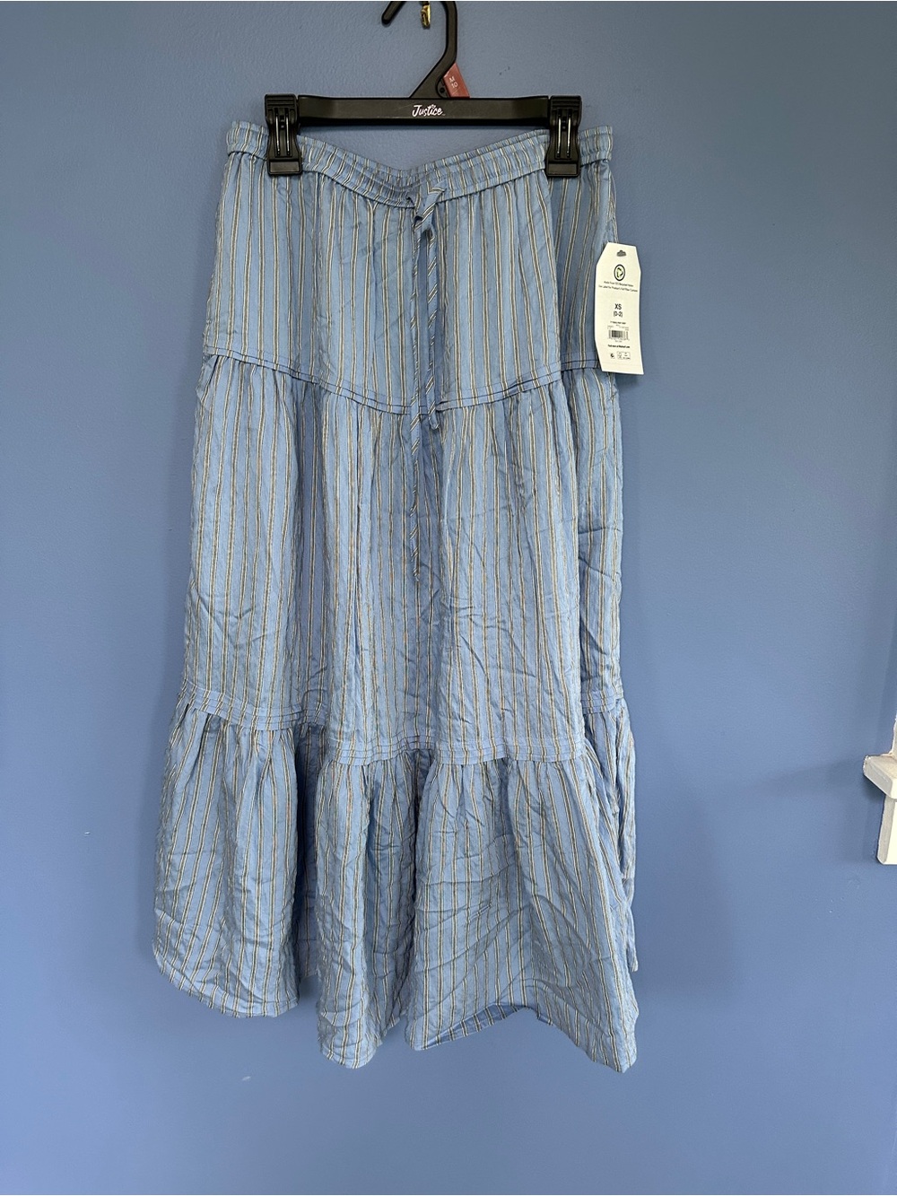 Time and Tru Light Blue Striped Tiered Maxi Skirt